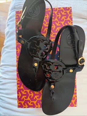 Tory Burch Black Patent Logo Thong Sandals